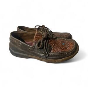 Twisted X Moccasins Size 6.5 M Floral Tooled Leather Driving Mocs Shoes Brown 